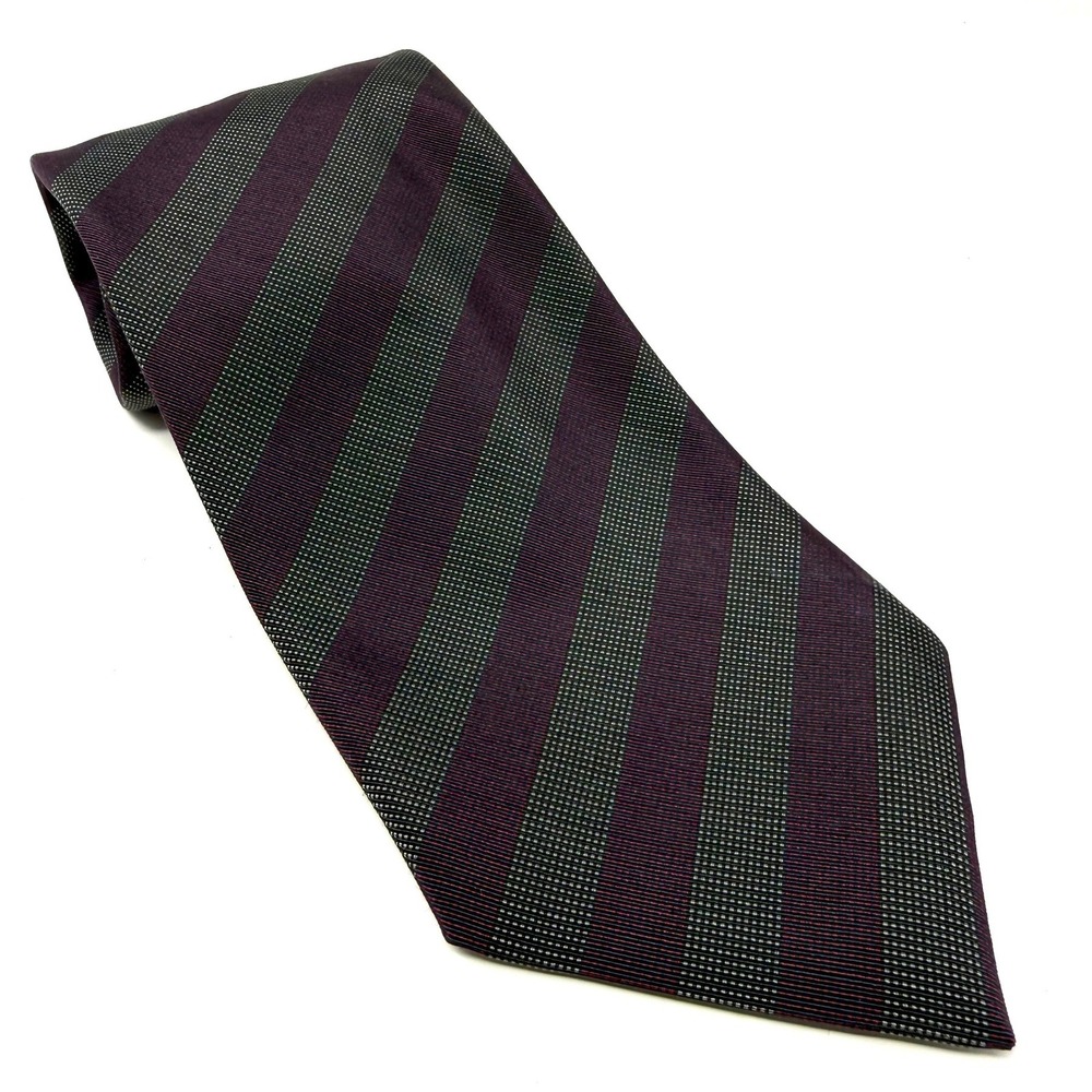 XMI Atkinsons Royal Irish Poplin Silk Wool Striped Tie Purple Grey/Green